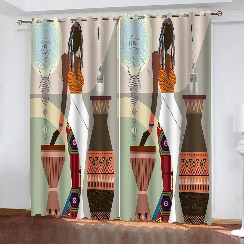 Window Curtains 3D African Dark Skin Woman Printed Curtains For Boys Bedroom Living Room, Room Fashion 2 Pieces