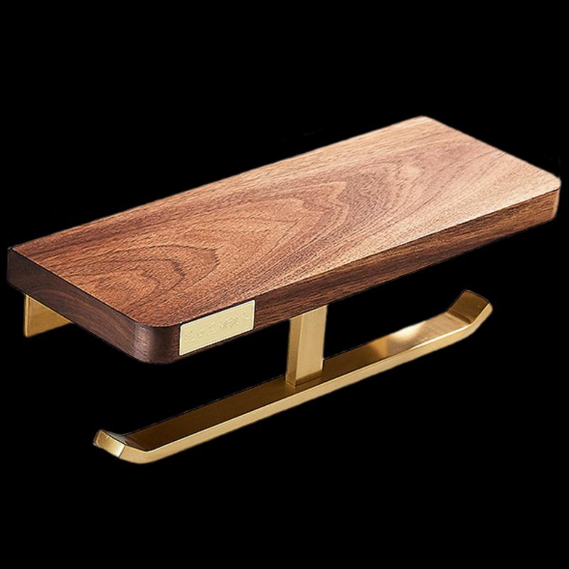 Walnut Wood Punch-Free Double Toilet Paper Holder with Storage Shelf
