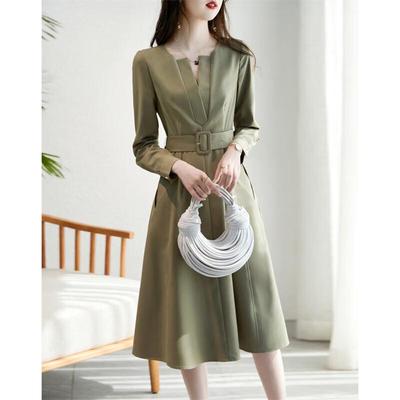 Demana Damen V-Ausschnitt A-Linie Langarmkleid