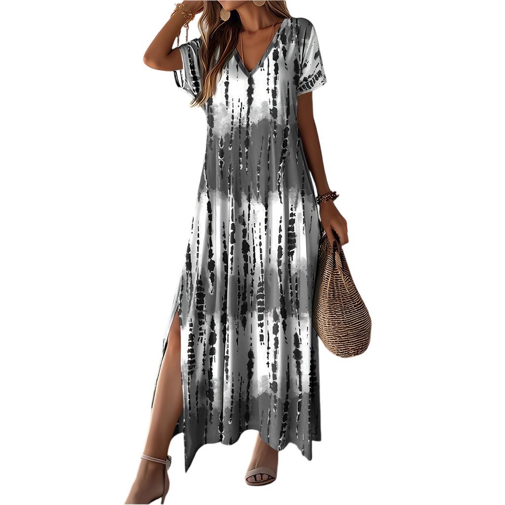 Vestido Feminino Estampado da Moda com Decote em V e Manga Curta Solto