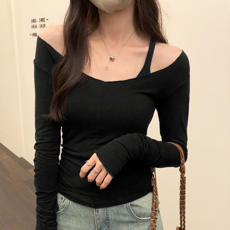 

Розовая тонкая осенне-зимняя новая футболка с U-образным вырезом и деревянными ушками сбоку, с длинным рукавом, для женщин XL