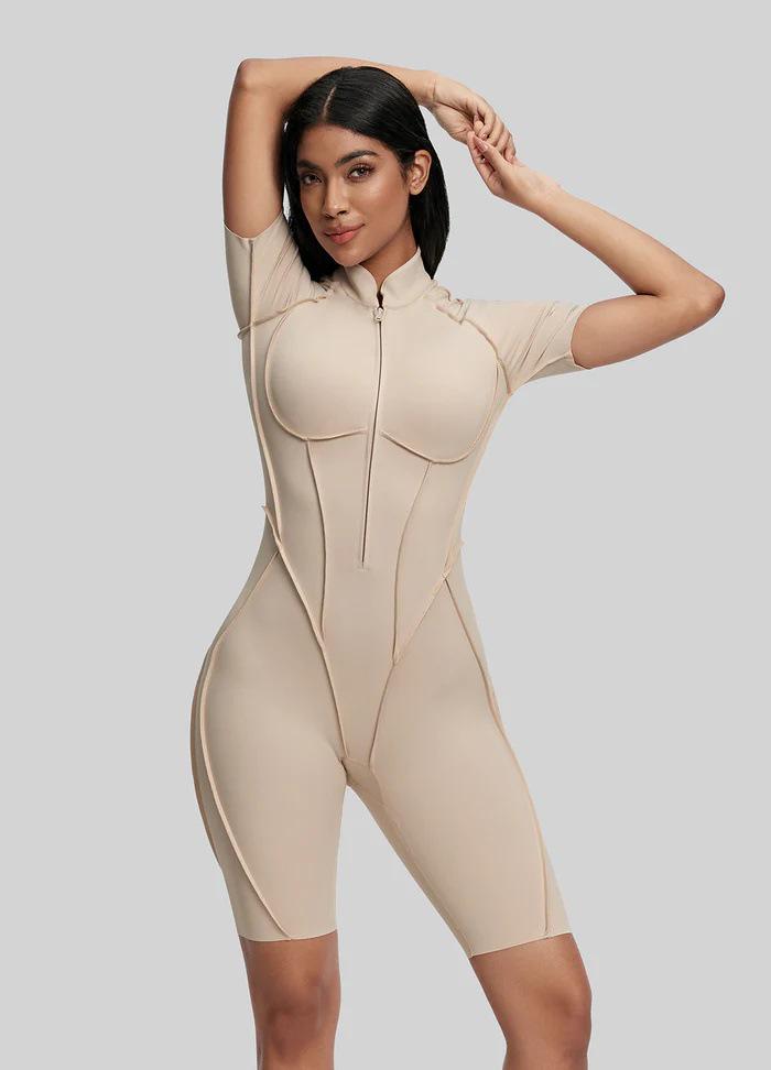High-End Comfort Sports Yoga Tight-Fit Zipper Short Sleeve Jumpsuit
