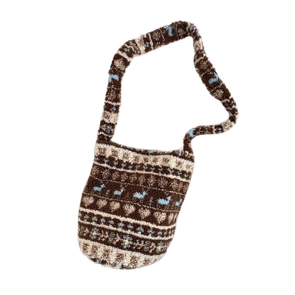 Vintage Ethnic Style Faux Lamb Wool Women's Shoulder Bag Contrast Color Furry Female Handbag Versatile Ladies Messenger Bag
