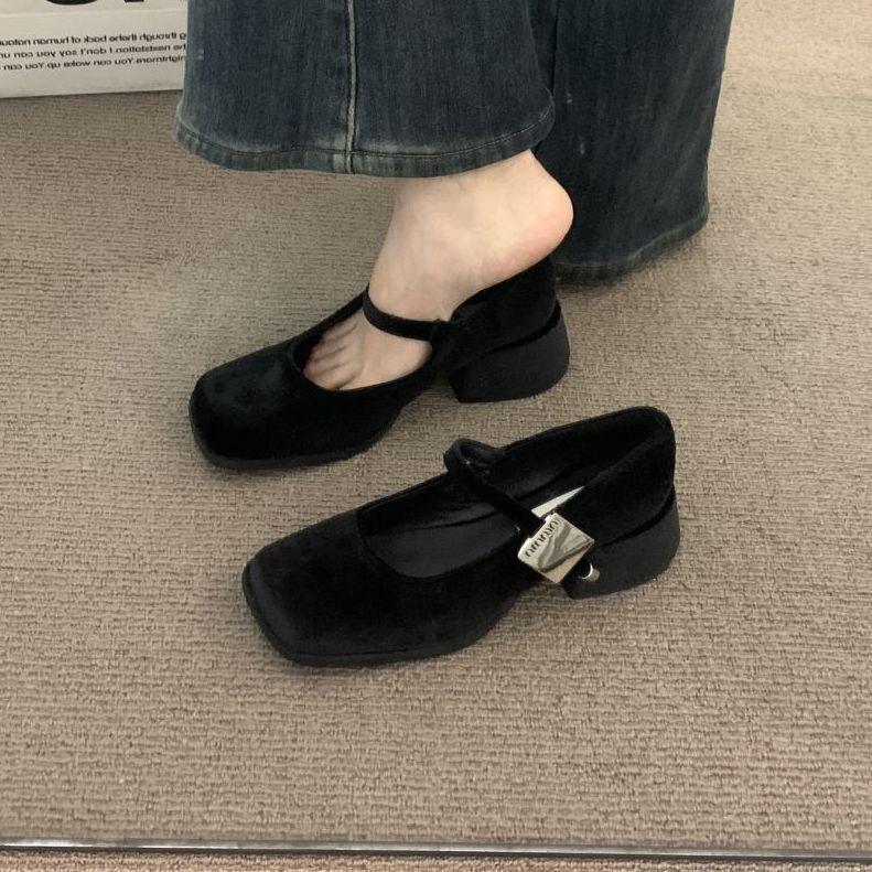 

French Dark Grey Velvet Medium High Heels Fairy 2026 Spring/summer Temperament Single Shoe 40 чорний
