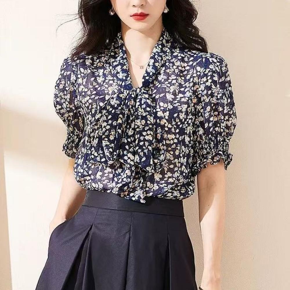 Women Short Sleeve Top New Summer French Style Floral Tie Bow Loose Bubble Sleeve Chiffon Blouse