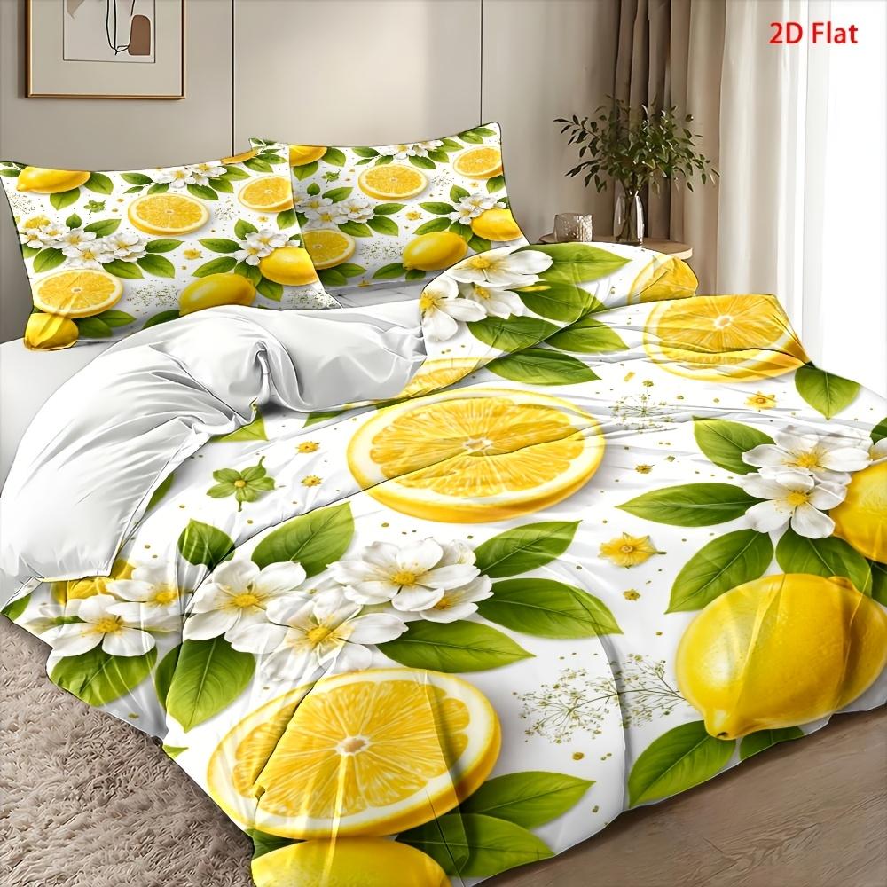 3-delige Dekbedovertrekset met Fris Citroenprint Gewassen Katoenen Beddengoedset Machinewasbaar Onzichtbare Rits Dekbedovertrek voor Tweepersoonsbed Dor 90Cmx190Cm
