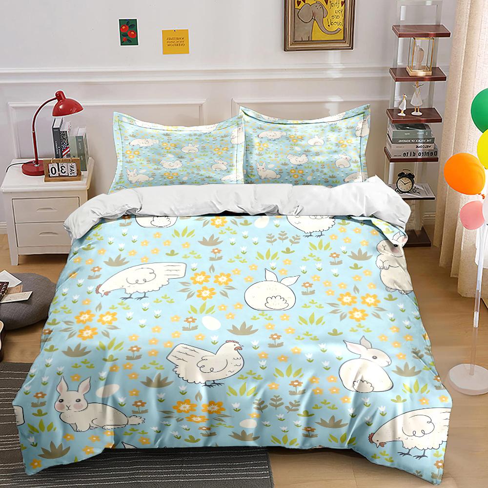 Cartoon Rabbits And Hens Pattern Print Bedding Set 1 Duvet Cover 2 Pillowcases For Adult And Children Luxury Gift Full Size