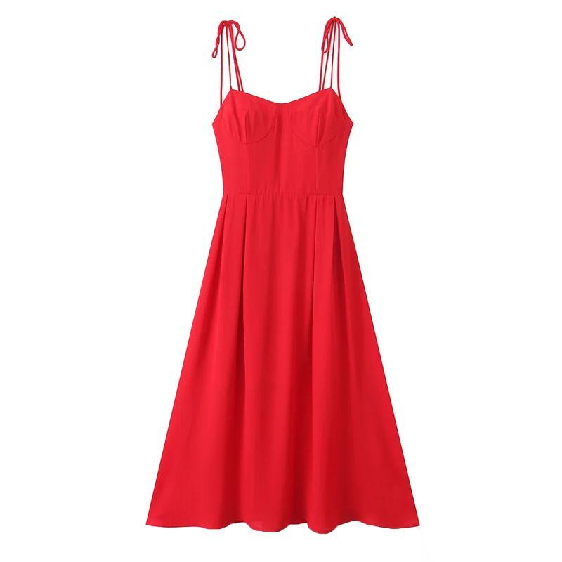 Spring New Women's Clothing French Style Retro Pure Color Figure Flattering Cinched Waist Lace-up Long Midi Skirt Sling Dress