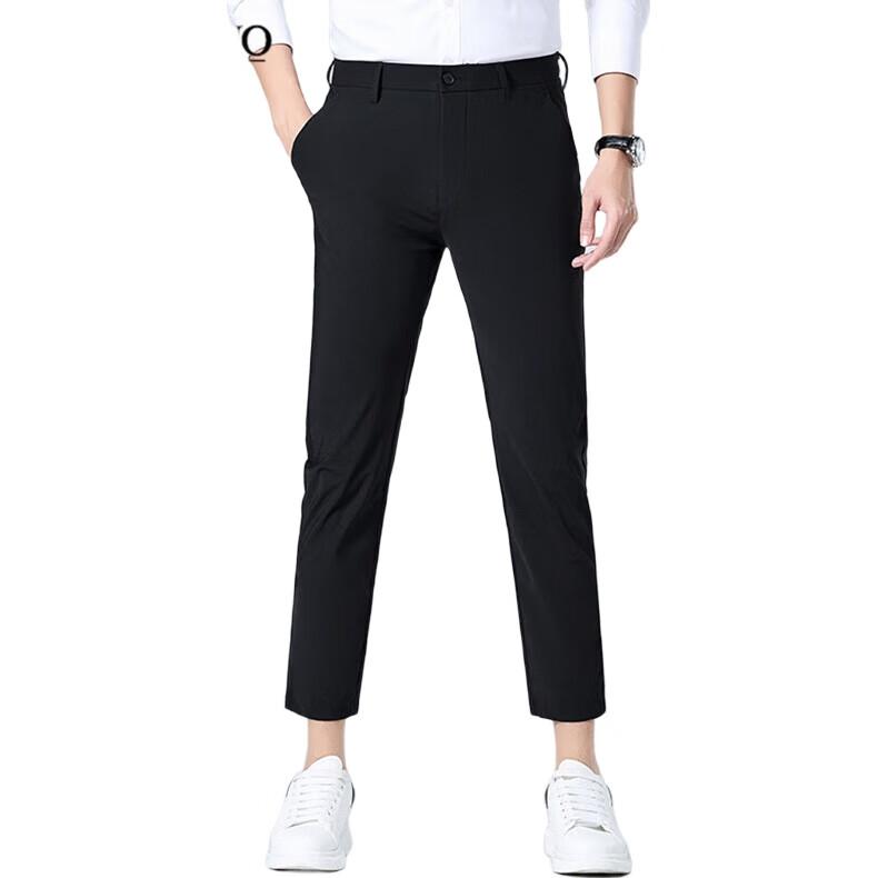 TUCANO Casual Pants for Men, Summer Ice Silk Business Fashion Dress Pants, Elastic Slim Fit Versatile Long Trousers, Men's Clothing, Black, Size 34
