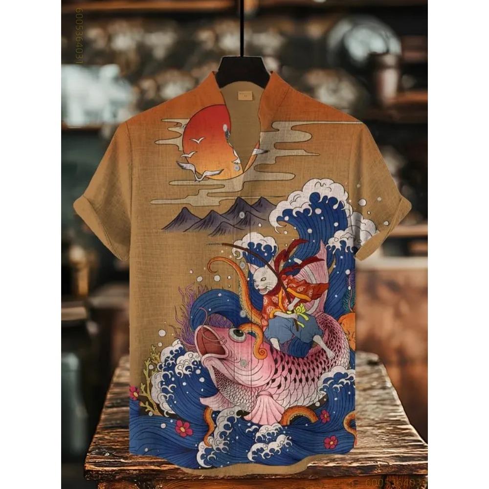 Men's Short-sleeved Shirt with Black Cat Riding a Shark Print, Hawaiian Style, Suitable for Outings, Parties, and Casual Wear.