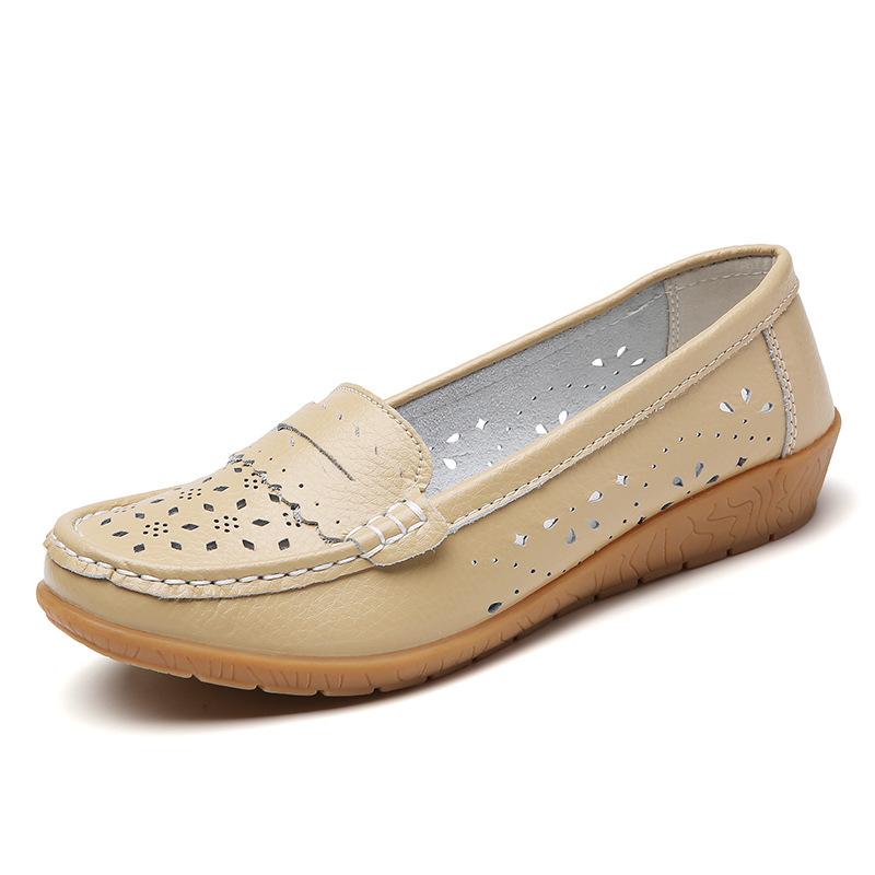 Spring new hollowed-out leather shoes medium and old women's single shoes, female real soft-soled wedges