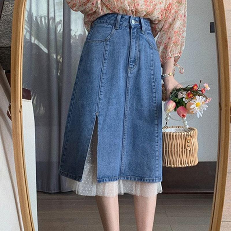 Lace Patchwork Denim Skirt Spring Pear Shaped Figure Fashionable Temperament A-line Skirt Mid Length