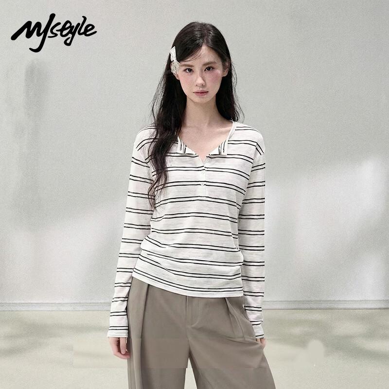 MJ STYLE Women s Striped Henley Long Sleeve T-Shirt XL