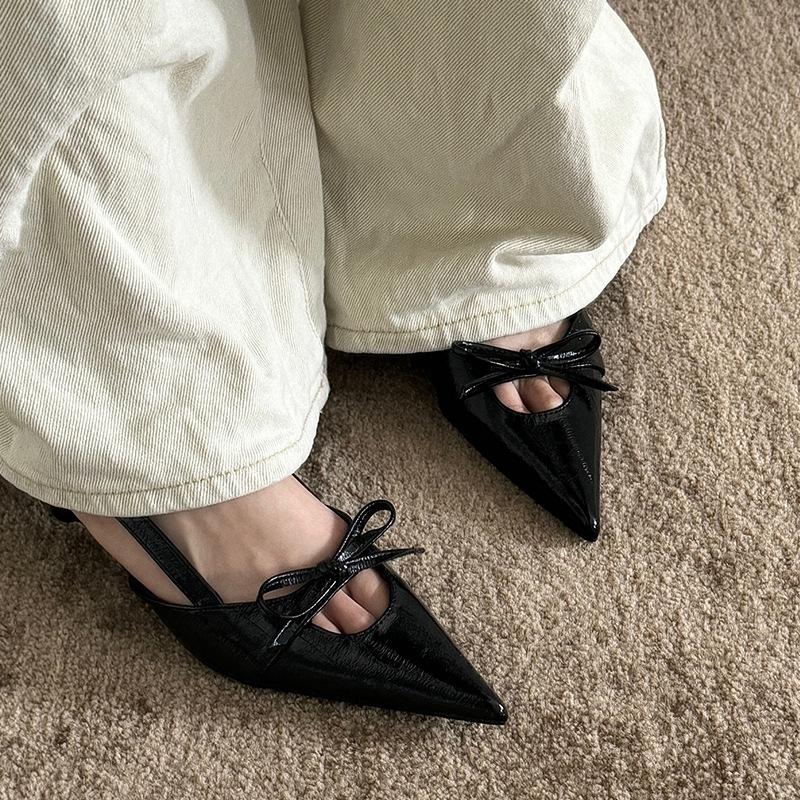 Sheepskin version~ French bow black kitten heel single shoes 2025 pointed head temperament bag head sandals high heels