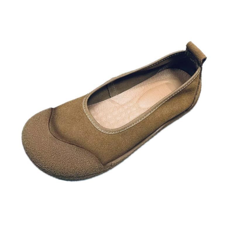 Spring Genuine Leather Women's Single Shoes with Round Toe, Shallow Mouth Flat Bottom Soft Sole and Soft Surface