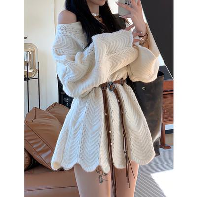 Elegant Off Shoulder Long Sleeve Women Short Sweater Dress Autumn Fashion Pullover Knitted Loose Tops Casual Solid Sweet Knitwear Clothing