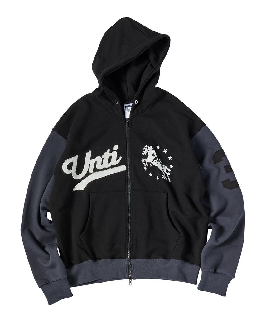 Untitled Seoul Combination Unicorn Varsity Emblem Zip-Up Hoodie Black