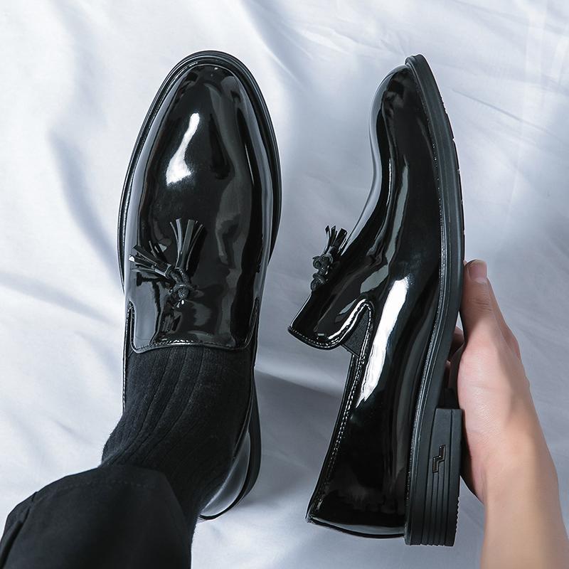 Men s British Style Pointed Toe Slip-on Loafers - Black Thick-Soled Leather Shoes 45 чёрный