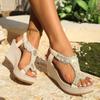 Fashion 2025 New Large Thick Bottom Slope Heel Sandals New Style Trendy High Heels Pearl Decoration Roman Sandals