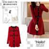 PHOLEEY Red Knit Dress with Black Lines and Long Elegant Women's Buttons, Sleeves,