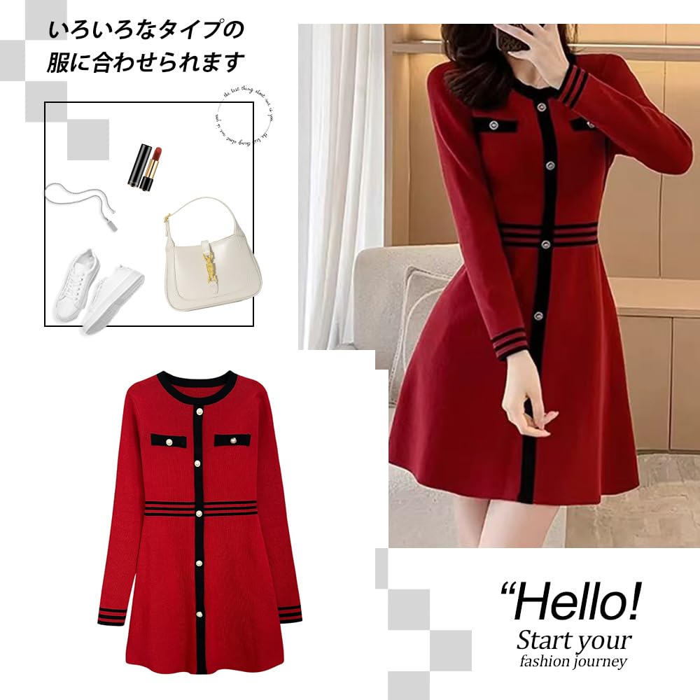 PHOLEEY Red Knit Dress with Black Lines and Long Elegant Women's Buttons, Sleeves,