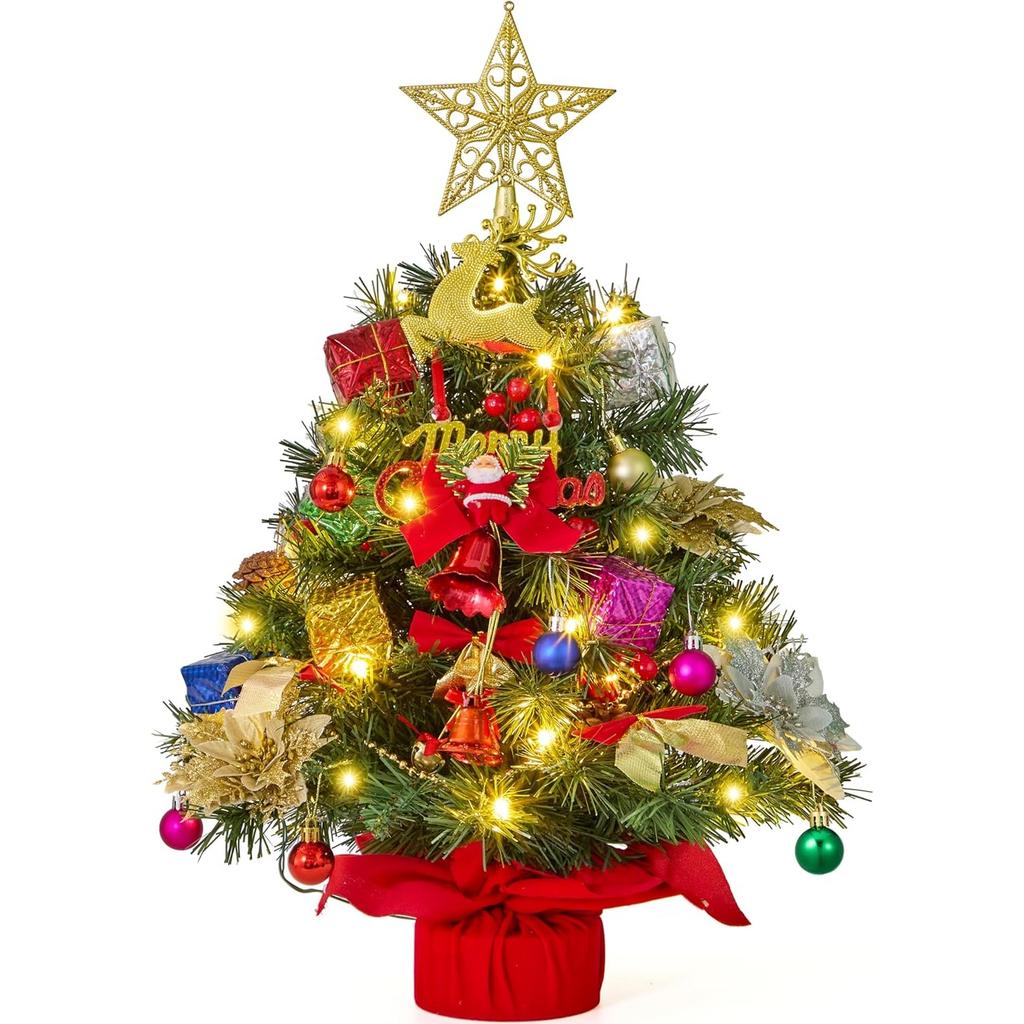 JOIEDOMI 24"/2FT Pre-lit Tree with Artificial Christmas Tabletop Tree Includes Star Topper Ornaments for Indoor Xmas Decor