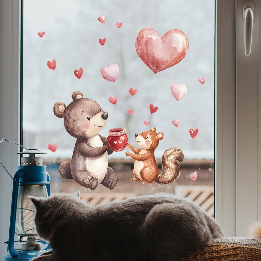 Valentinstag Bär und Eichhörnchen Herzförmiges Glasfenster Heim-Hintergrund Verschönerung Fensteraufkleber