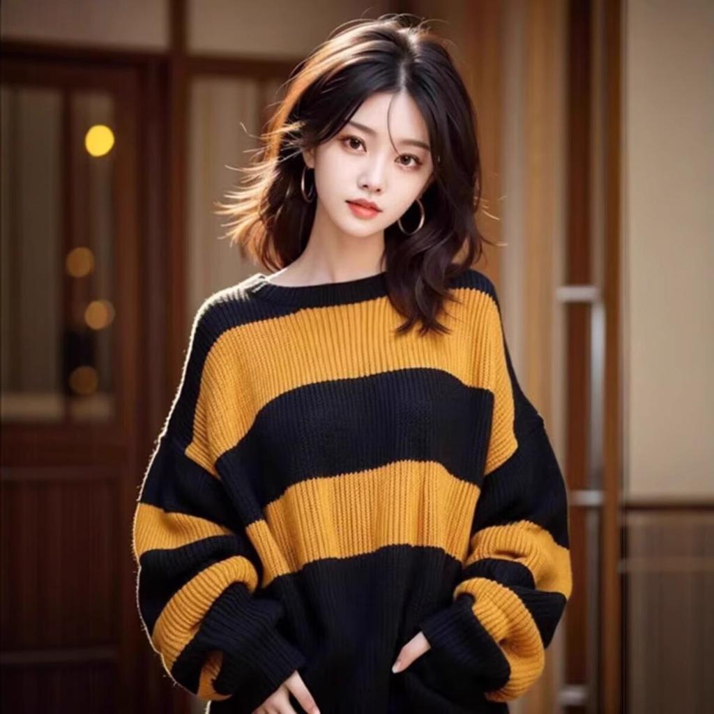 Color Blocking Striped Loose Sweater Women's Long Sleeved Pullover Knitted Sweater Top