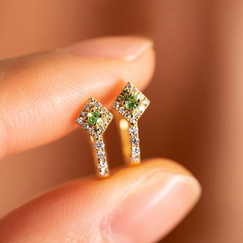 18K Gold-Plated Sterling Silver Rhombus Earrings with Green Cubic Zirconia. Platinum Pair