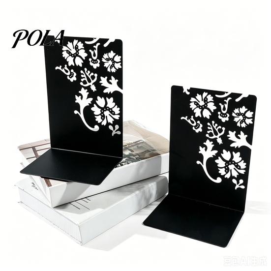 Large Capacity Book Holder 2PCS Metal Bookends, L-Shaped Reinforced Support Holder, with Non-Slip Cave Design Bookend Pads, Hollow Floral for