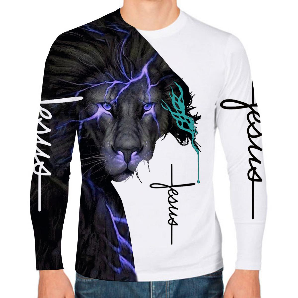 

Бог Христос, Ісус і Лев. Чоловічі футболки з 3D-принтом. Осінні футболки з круглим вирізом і довгими рукавами. Вуличні вільні бавовняні футболки. Футболки великого розміру 5XL M