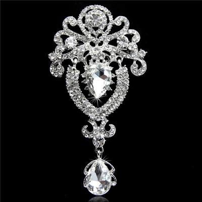 Silberne große Blumen-Brautbrosche mit Diamanten, Hochzeitsbrosche