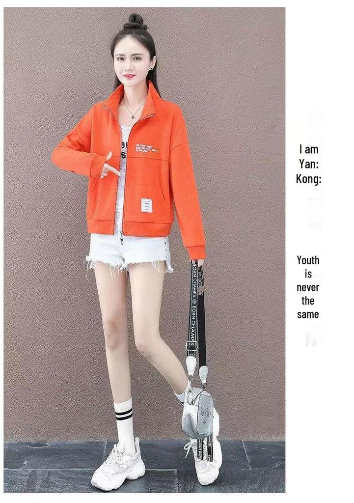 Women's Stand-Up Collar Hoodie Jacket: 250g Large Fish Scales, Loose Plus Size, Slimming, Versatile, Casual Outer for Spring and Autumn.