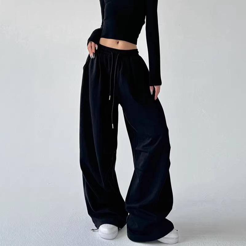 2025 Women's American-Style Grey High-Waist Cargo Sweatpants - Spring/Autumn Wide-Leg Loose Fit