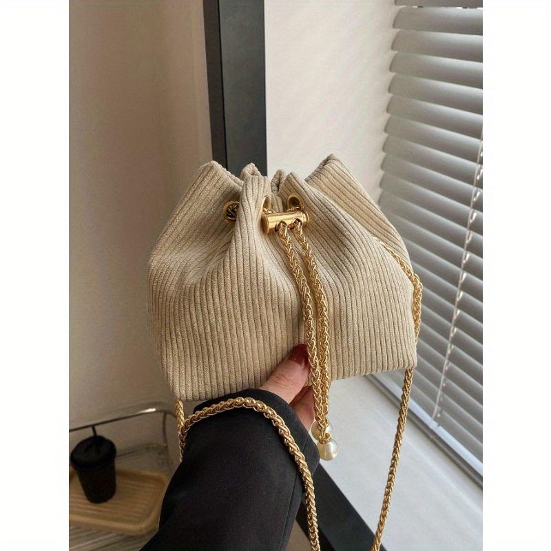 Fashion Solid Color Hollow Out Woven Chain Drawstring Mini Crossbody Bucket Bag
