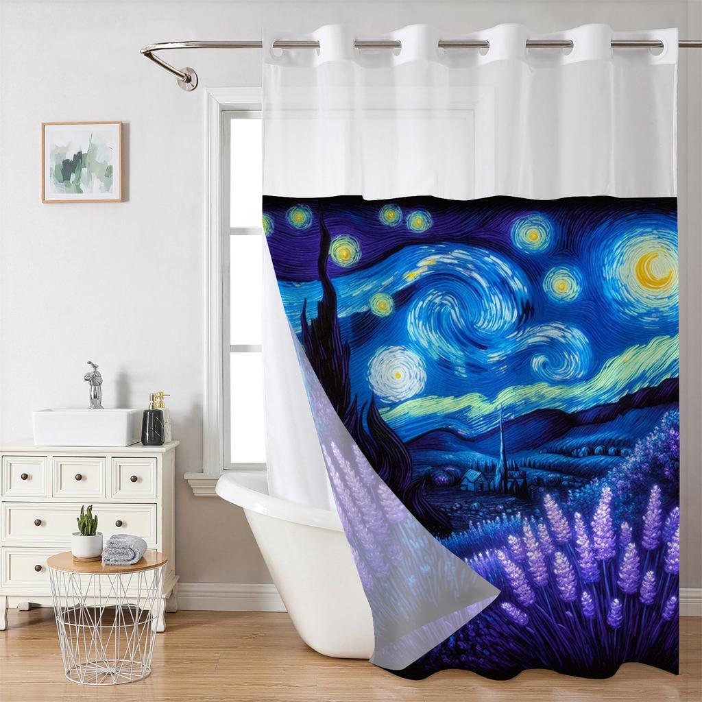 No Hook Sky Colored Drawing Shower Curtain With Snap-in Fabric Liner Sheer Top Window, Double Layer Bathtub Curtain