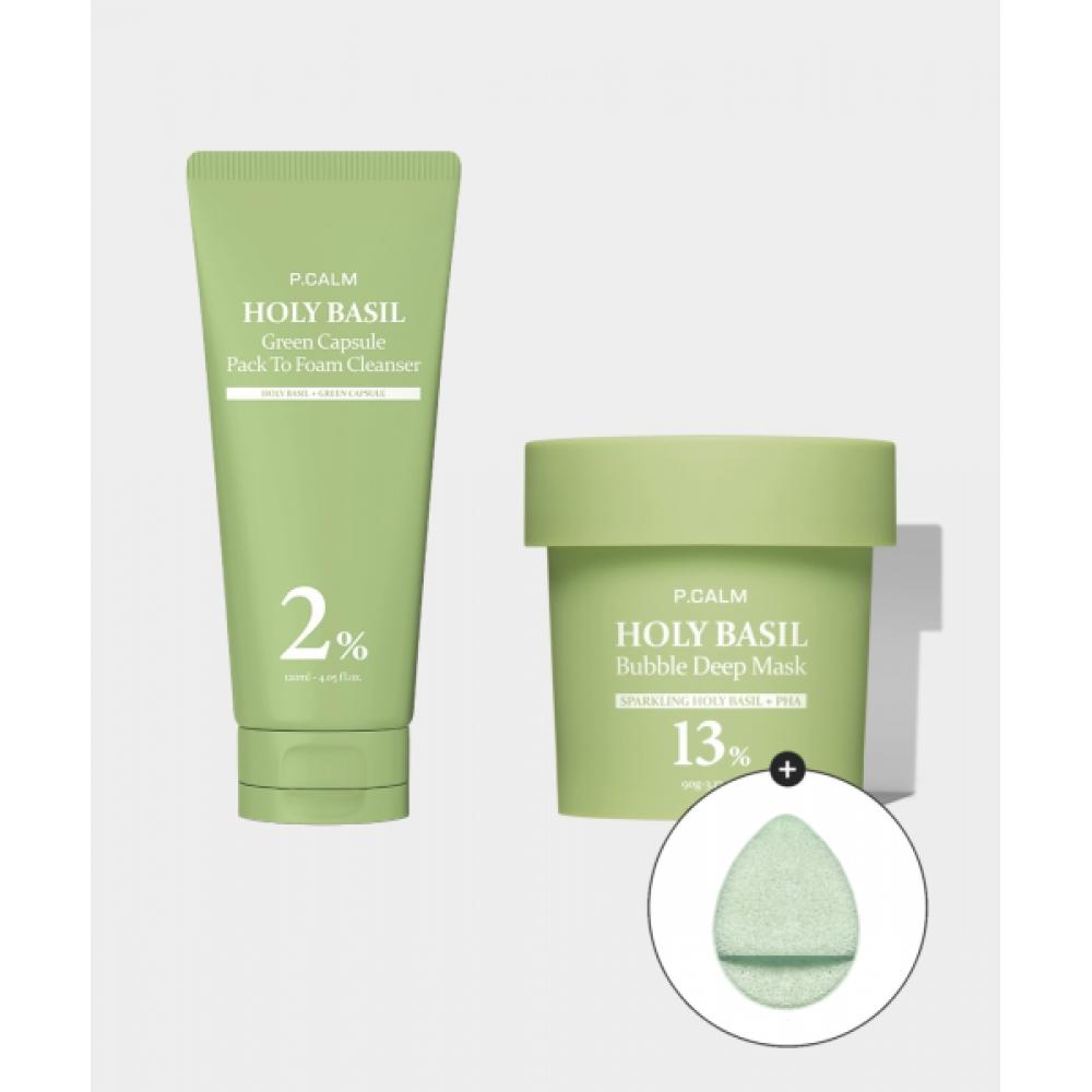 Pcalm Holi Basil Green Capsule Fac To Foam Cleanser 120ml+Holi Basil Bubble Deep Mask 90g  Free  Cleansing Sponge NONE