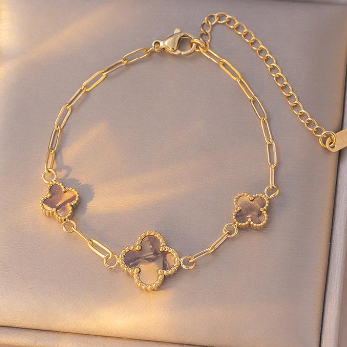 18K Light Luxury Titanium Steel Clover & Triple-Flower Bracelet with Mother-of-Pearl for Women