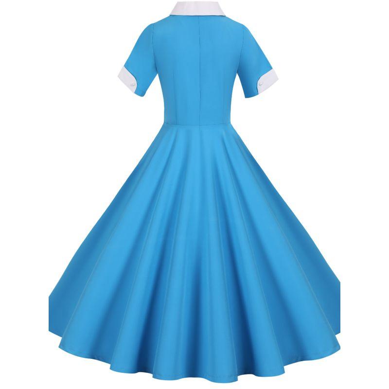 European Station Summer New Single-Breasted Blue Short Sleeve Suit Collar Pure Color Casual Swing Dress Female Dress