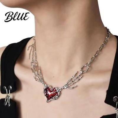 Chain Necklace Women Red Rhinestone Heart Pendant Skeleton Hand Shape