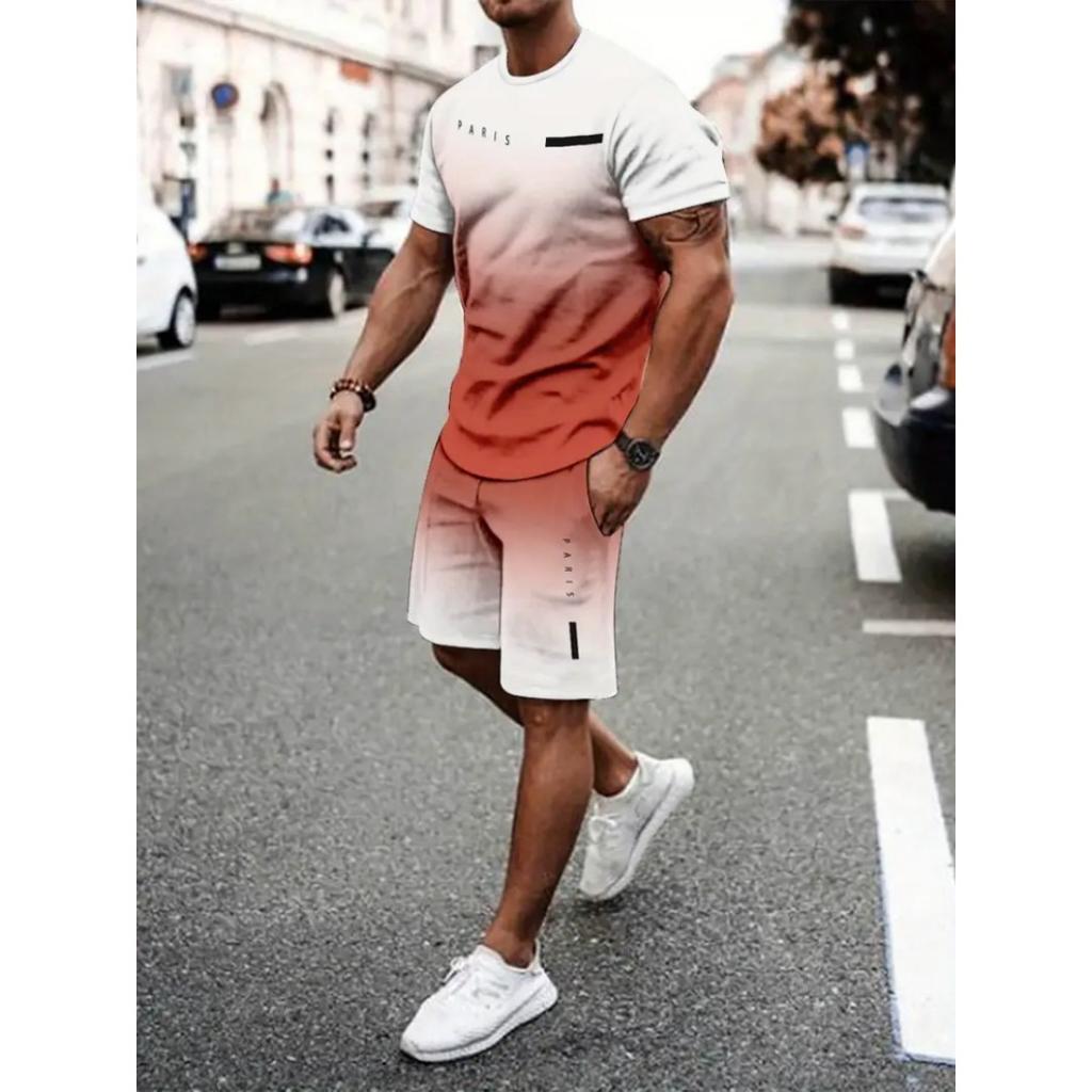 2025 Men's Short Sleeve Set Anchor Print Blue And White Summer Short Sleeve Shorts 2 Pieces Urban Fashion Street Suit