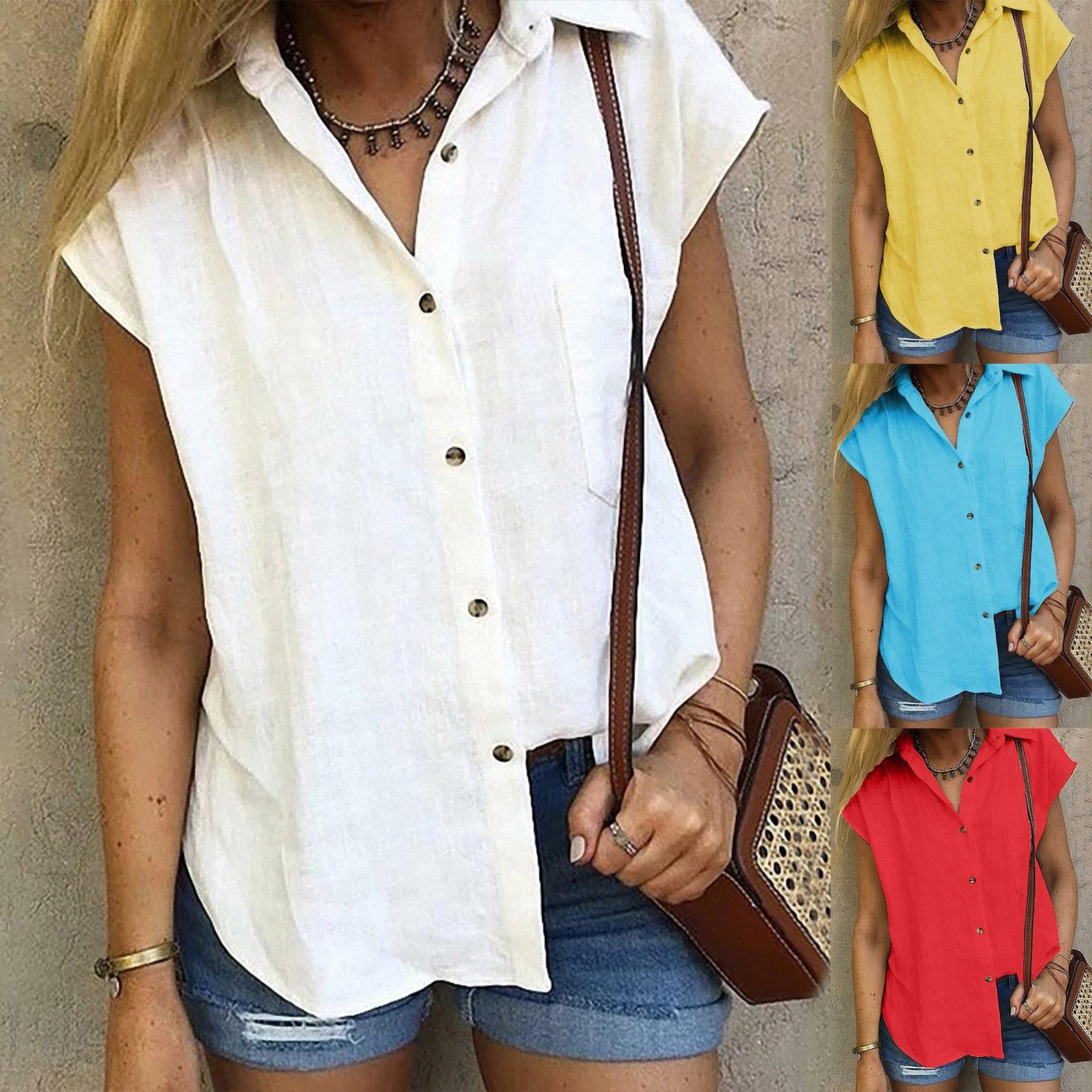 

Women s Casual Loose Solid Color Cotton Linen Lapel Short Sleeve Cardigan Tops