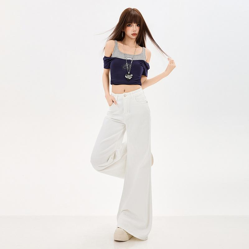 Spice girl light blue jeans women's spring high waist washed micro-pull pants versatile floor pants black gray wide-leg trousers