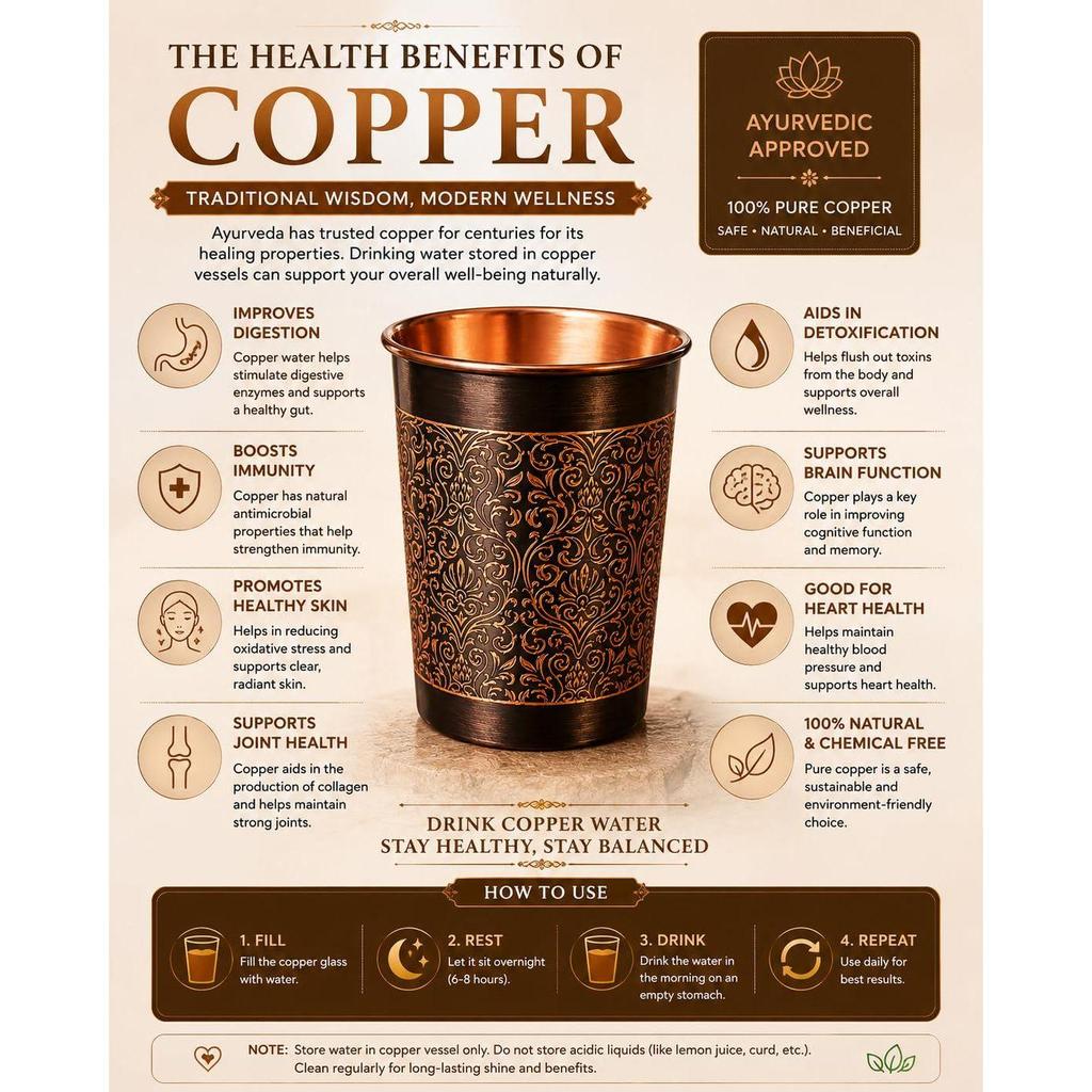 Pure Copper Water Glass Set of 2 with Elegant Etching Design, Handmade Ayurvedic Drinking Tumblers for Daily Use, Dining
