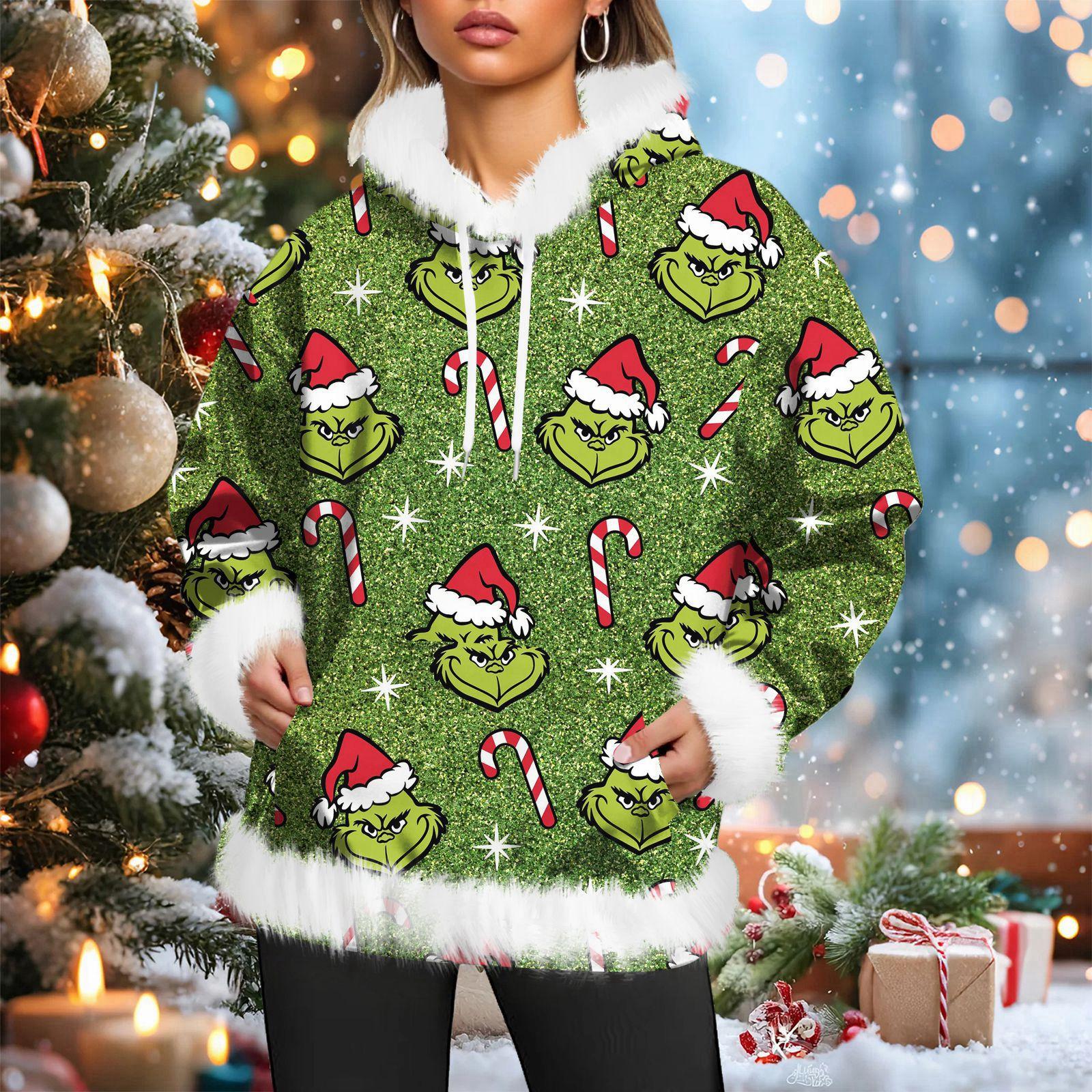 

Women s Christmas Casual Fleece-Lined Hoodie With Long Sleeves And Pockets Sweatshirt Top S