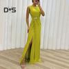 Rochie de seară pentru doamnă Tiv cu fantă plisată Lungime la podea Culoare unită Decor cu strass Fără mâneci Gât rotund Talie înaltă Decor cu strasuri Cocktail de bal