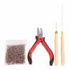 4pcs Hair Wig Plier Curved Tip Wooden Hook Needle Silicone Rings Hair Extension Tools Brown