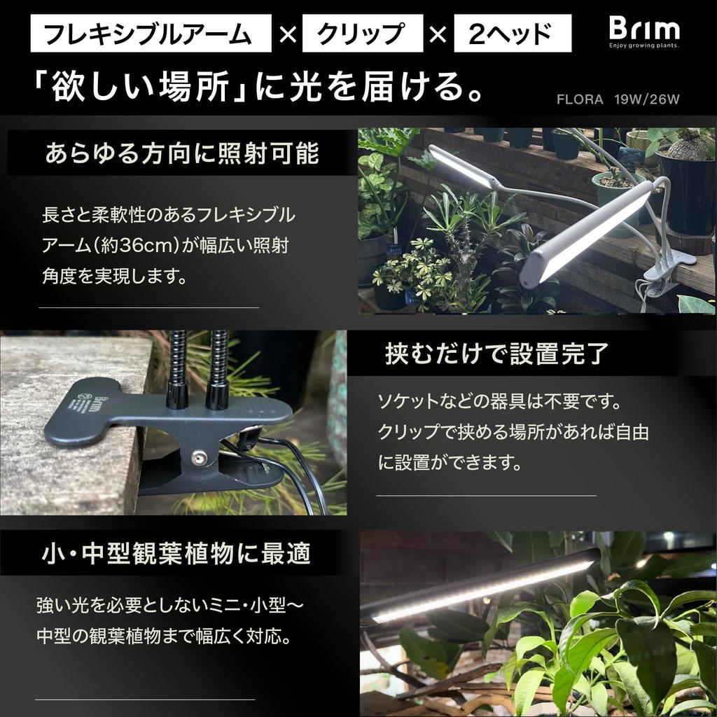 BRIM FLORA Plant Growing Light LED Dimming Timer Clip Type Full Spectrum 19W 3000K BK Warm [Official] [Domestic Brand] (2 Heads, Color)