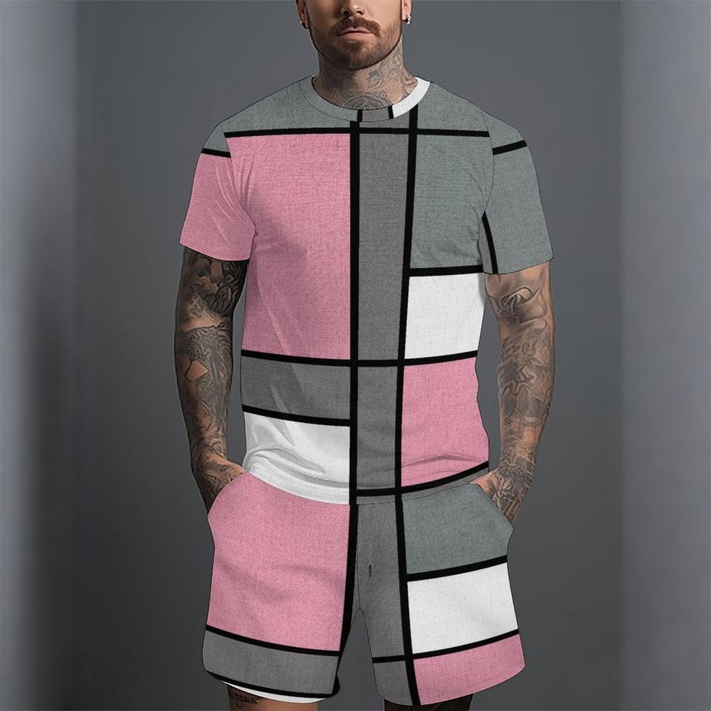 Men Gold White Geometric Triangle 3D Print Short Sleeve Tee And Matching Shorts Two Piece Outfit