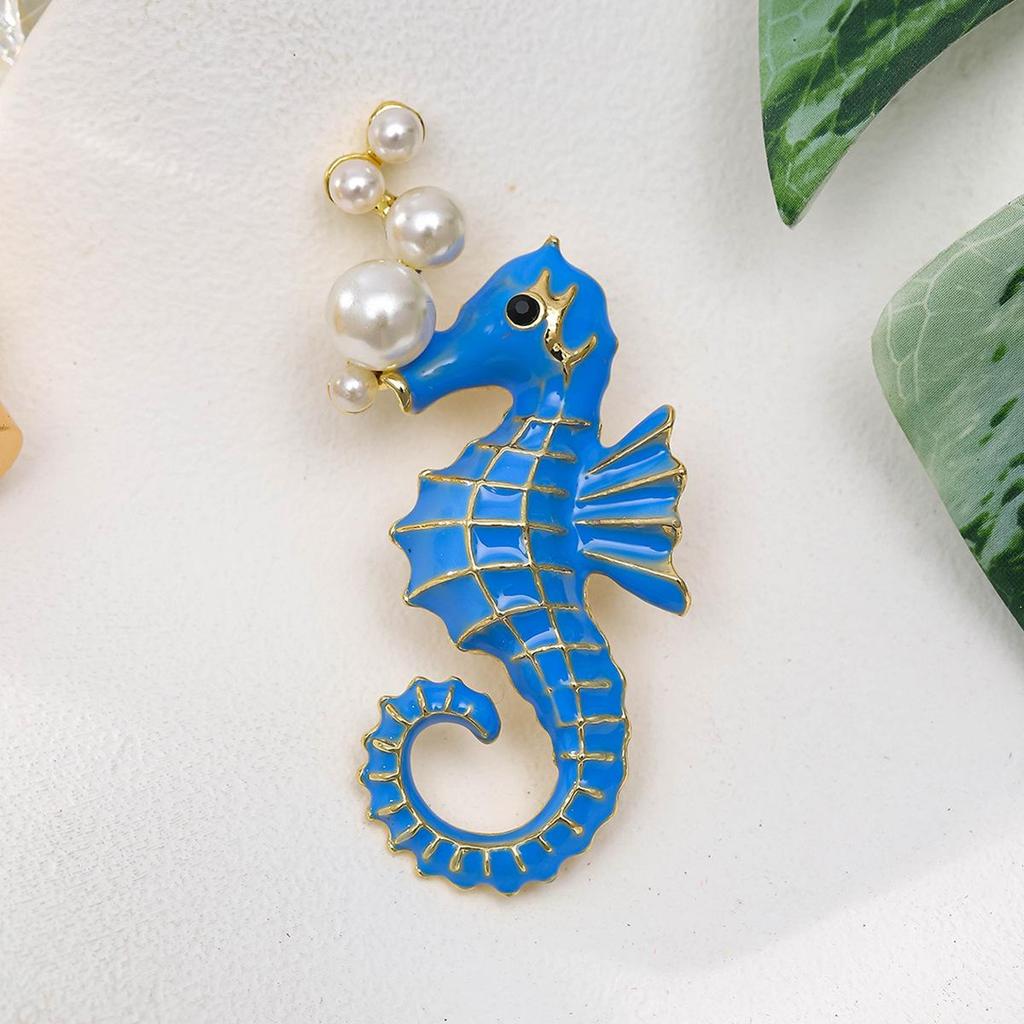 Creative European & American Cloisonné Seahorse Brooch with Pearl – Stylish Marine Life Pin Accessory